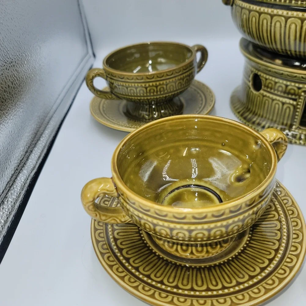 Vintage Olive Green Ceramic Soup Tureen Set with Warmer 4 Bowls and Saucers MCM